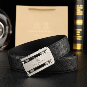 Burberry Men's Black Leather Belt with Silver Buckle